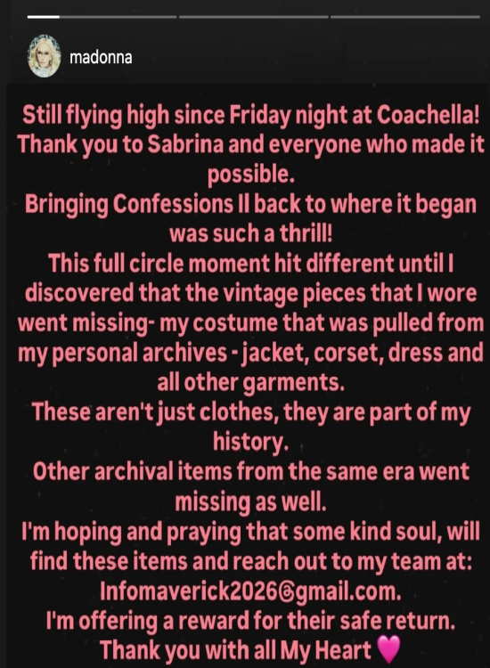 Madonna Cuma günü Coachella sahnesine kişisel arşivinden vintage mor bir kıyafetle çıktı’ Ancak gösterinin ardından şok yaşandı: sahne kostümünün tamamı ortadan kaybolmuştu!.