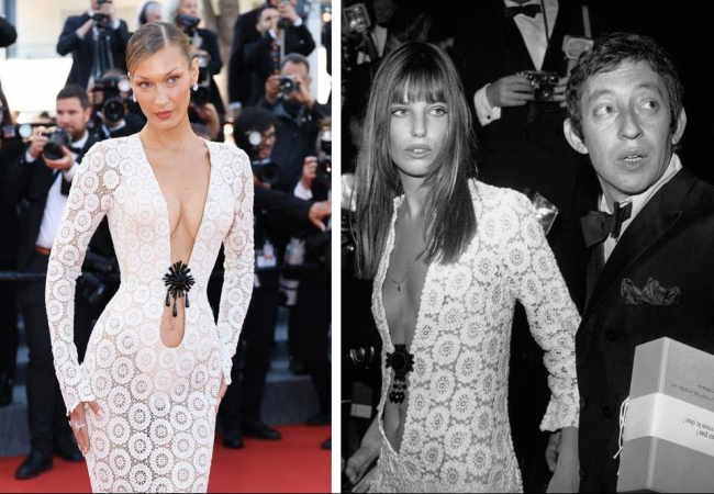 Cannes’da Bella Hadid, Schiaparelli tasarımı, Jane Birkin’in Sanatçılar Birliği Galası’nda giydiği ikonik elbisesini akıllara getiren, özel dikim bir gece elbisesiyle boy gösteriyor.